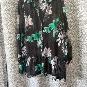 Black Floral Button-Front Blouse with Green and White Leaves